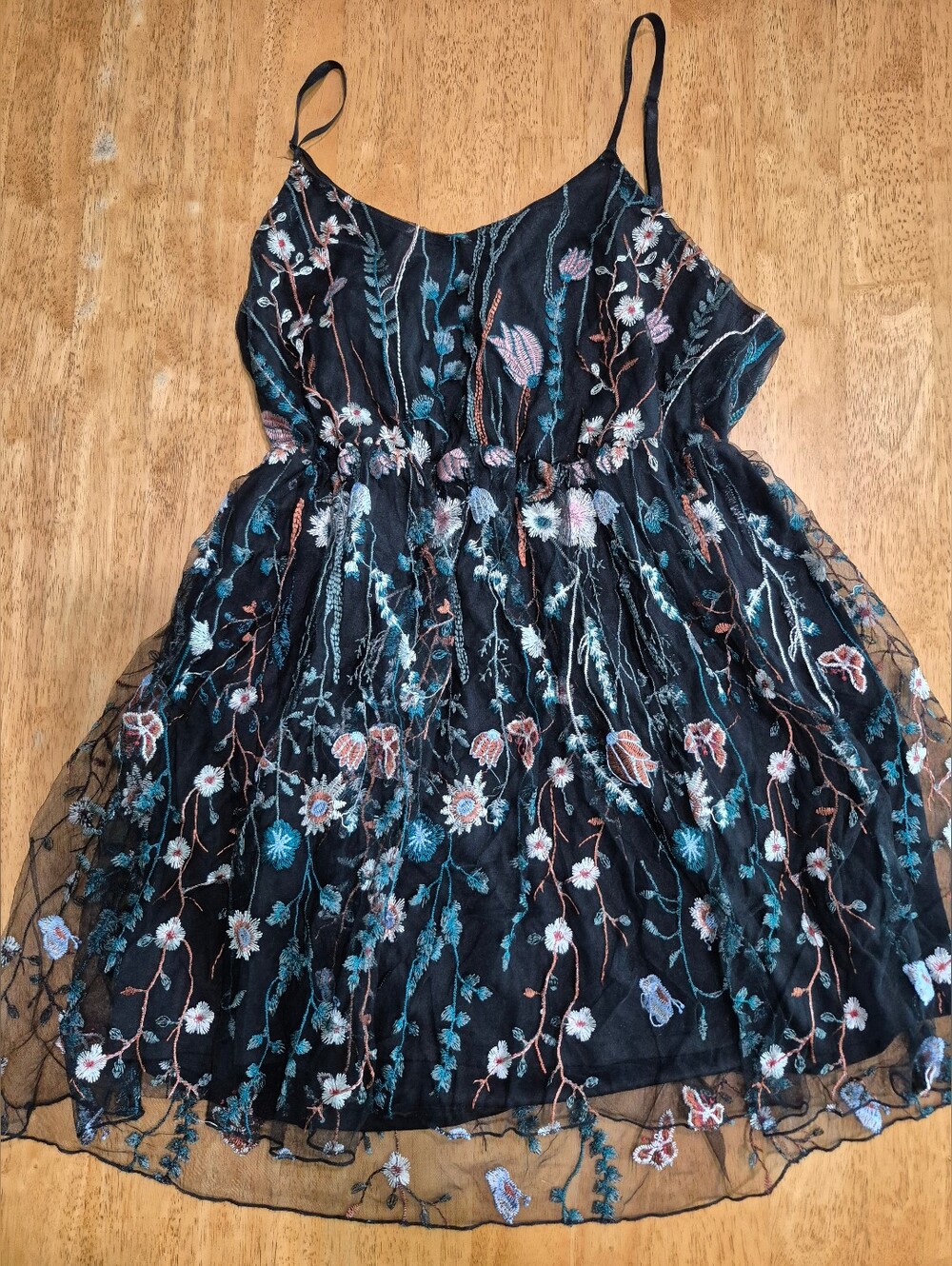 NWOT Embroidered Black Floral Spaghetti Strap Mini Dress